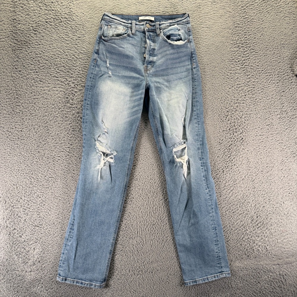 Willow & Root Jeans Women's 27x31 Blue Denim Straight Dad Distressed Button-Fly